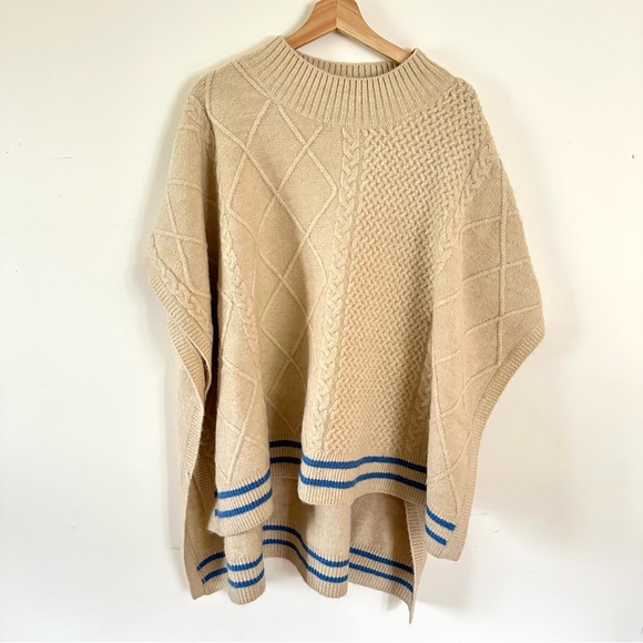 Free People Harbour Stripe Cable Poncho Cream Light Blue Stripe One Size - Picture 5 of 7